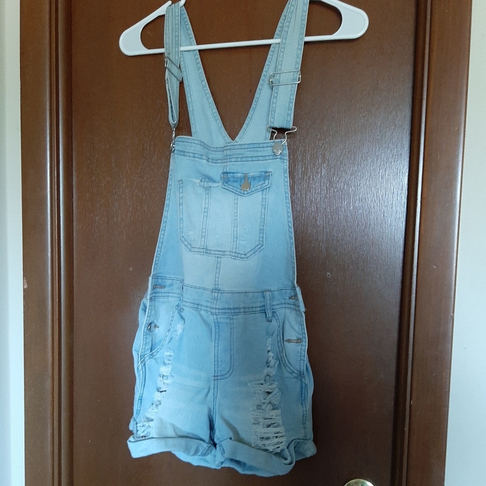 Ripped Washed Blue Overall Shorts